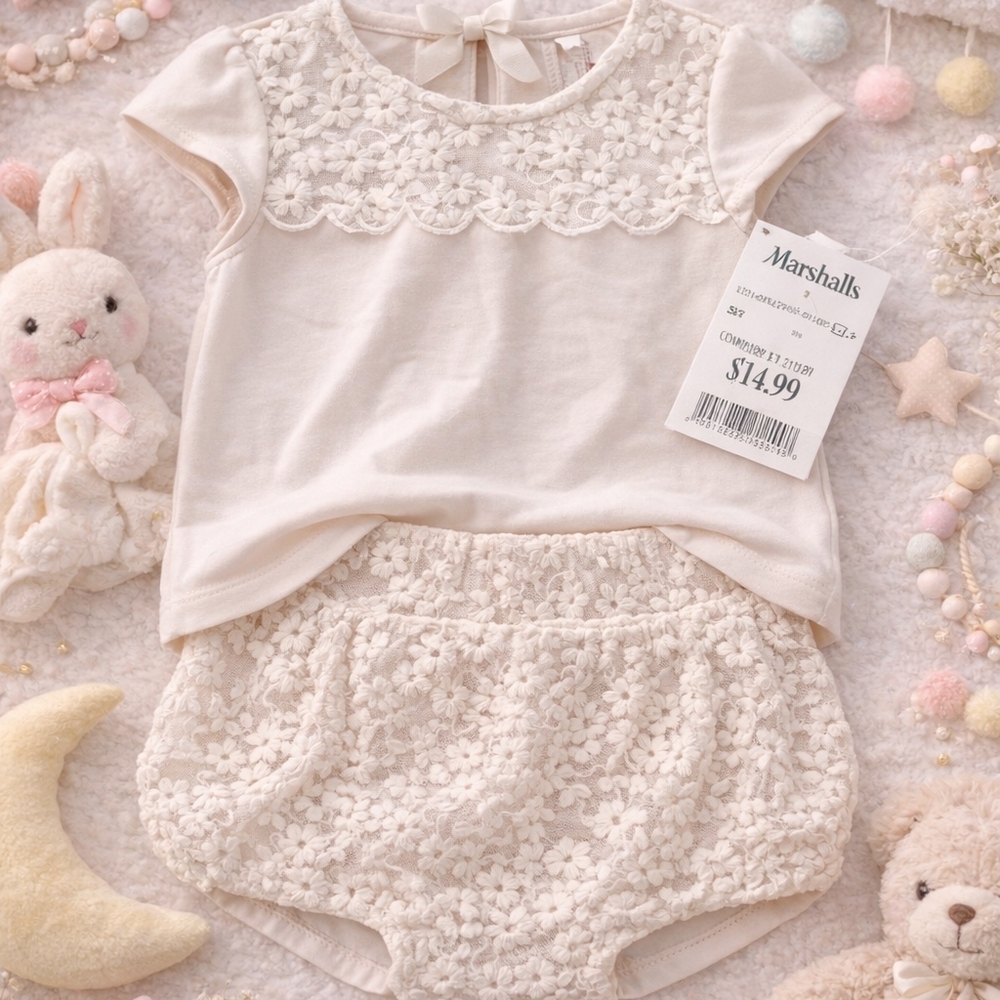 Marshalls Baby Girls' Cream Floral Lace Top & Bloomers Set